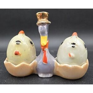 Lusterware Chicks Salt Pepper Shakers Egg Cup Nest Vtg Duck Bird Ceramic Kitch